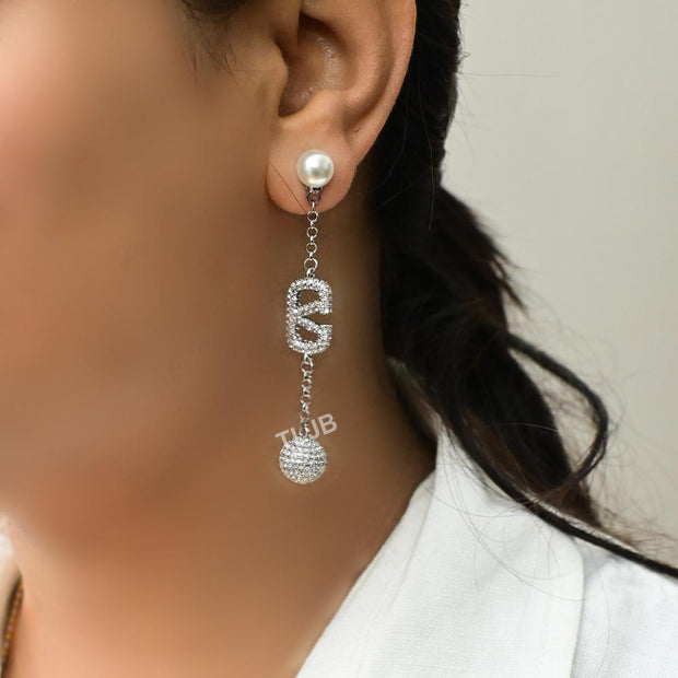 Alphabet V platinum long chain danglers with cz ball