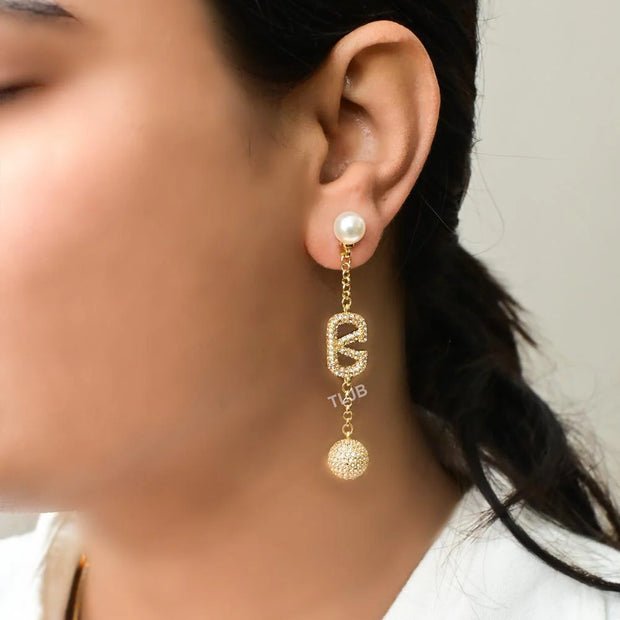 Alphabet V gold long chain danglers with cz ball