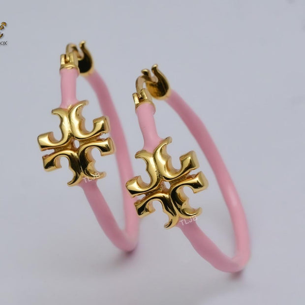Alphabet T gold and baby pink enamel hoops