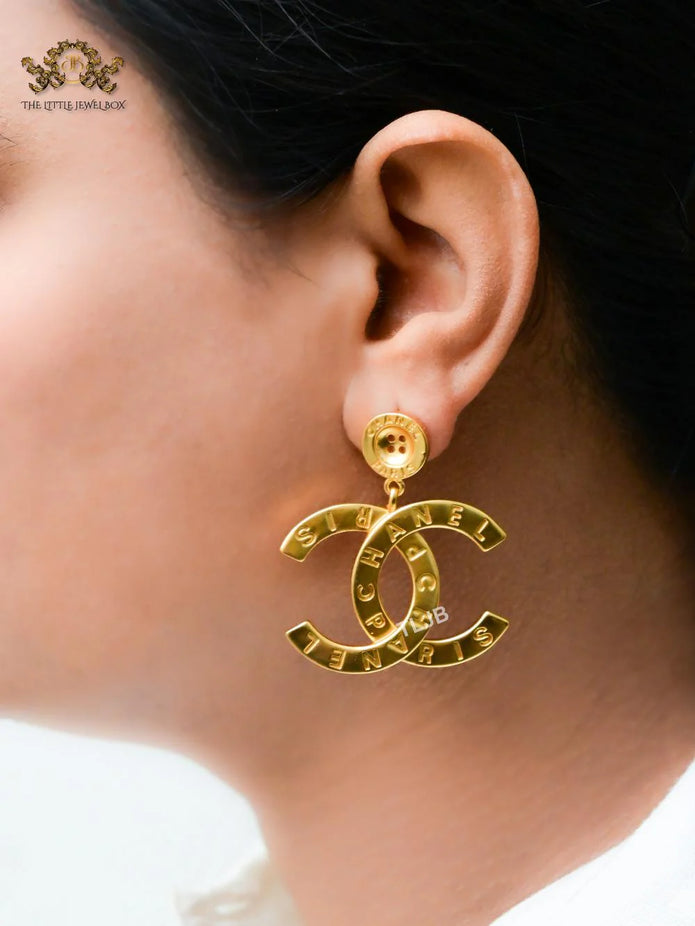 Double C embossed button gold danglers