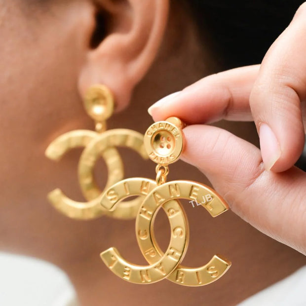 Double C embossed button gold danglers
