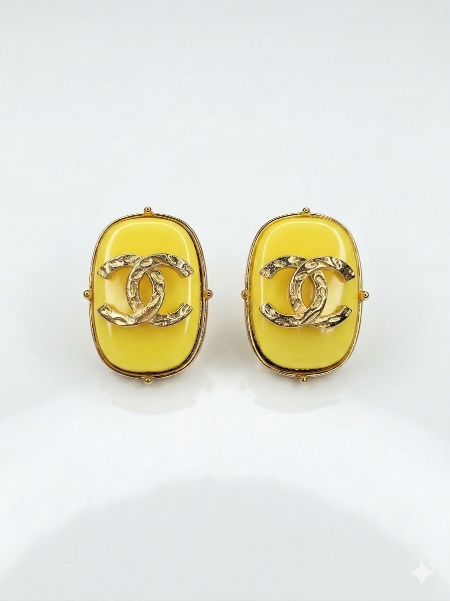 Yellow stone Double C rectangular matt Gold Stud Earrings