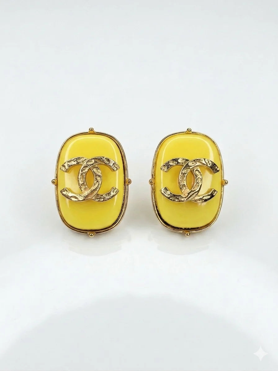 Yellow stone Double C rectangular matt Gold Stud Earrings