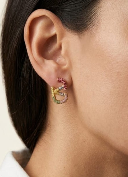 Gold Plated Multicolor Pave CZ Alphabet V Stud Earrings