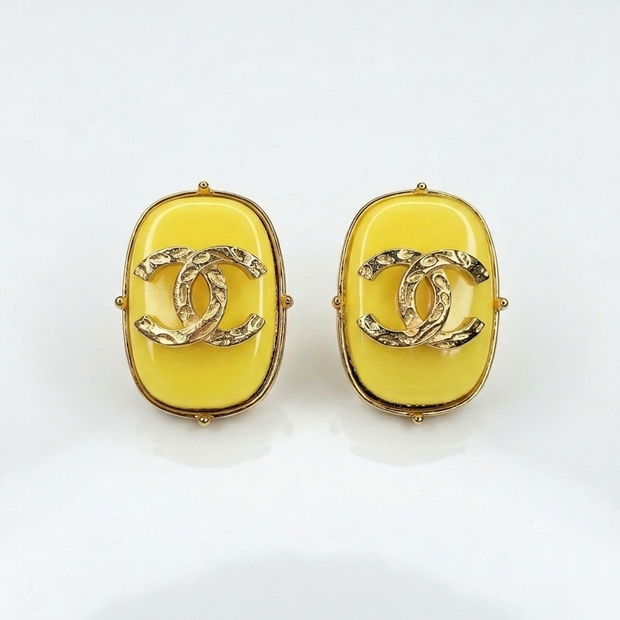 Yellow stone Double C rectangular matt Gold Stud Earrings