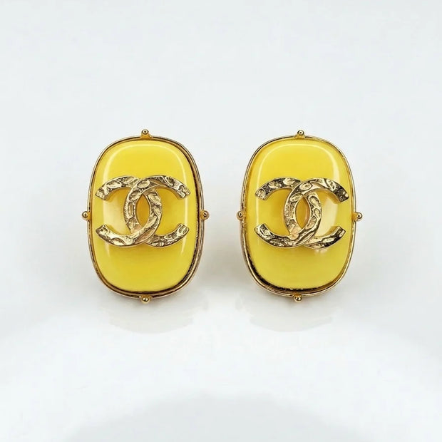 Yellow stone Double C rectangular matt Gold Stud Earrings