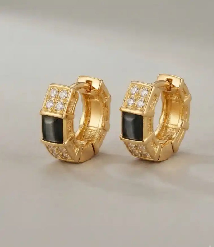 Alphabet BVL Gold Plated CZ and Grey MOP Huggie Hoop Earrings