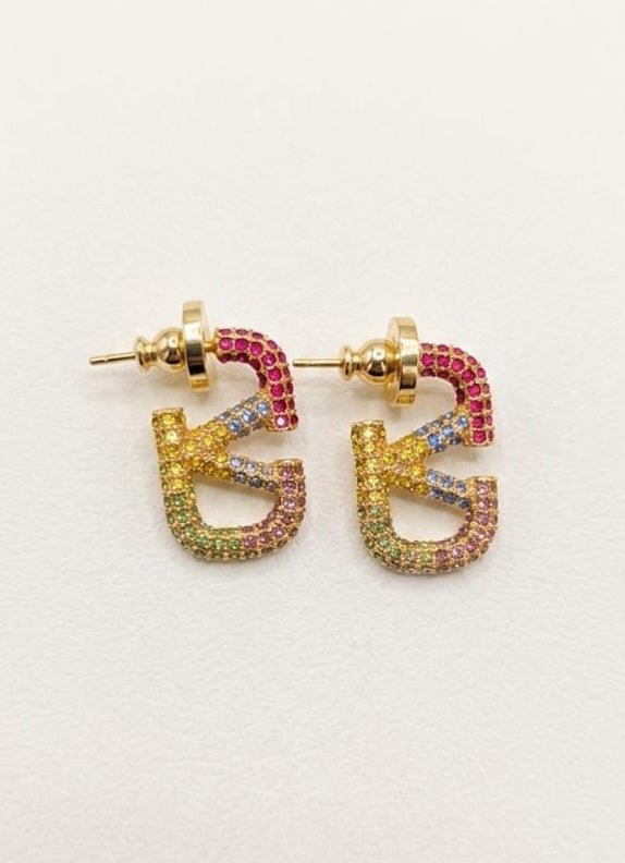Gold Plated Multicolor Pave CZ Alphabet V Stud Earrings