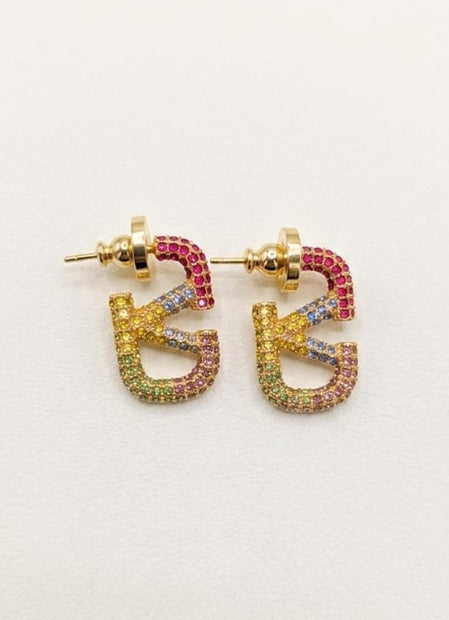 Gold Plated Multicolor Pave CZ Alphabet V Stud Earrings