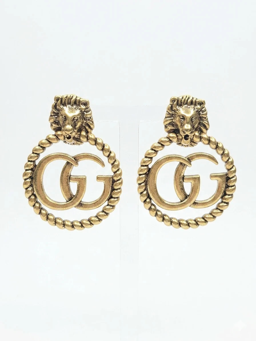 Antique Gold Plated Lion Head Double G round Earrings