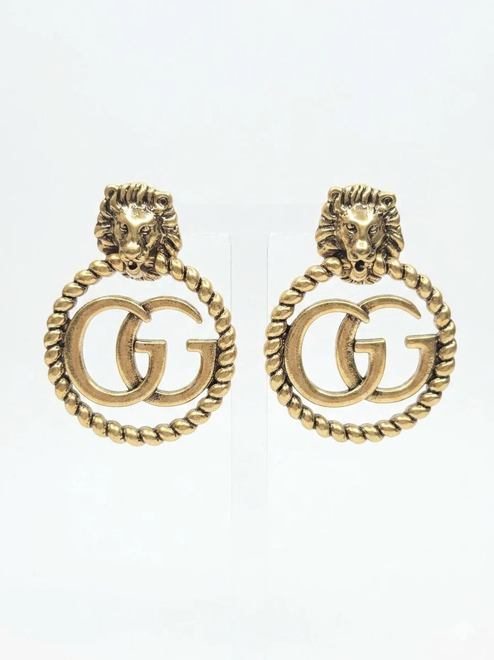 Antique Gold Plated Lion Head Double G round Earrings