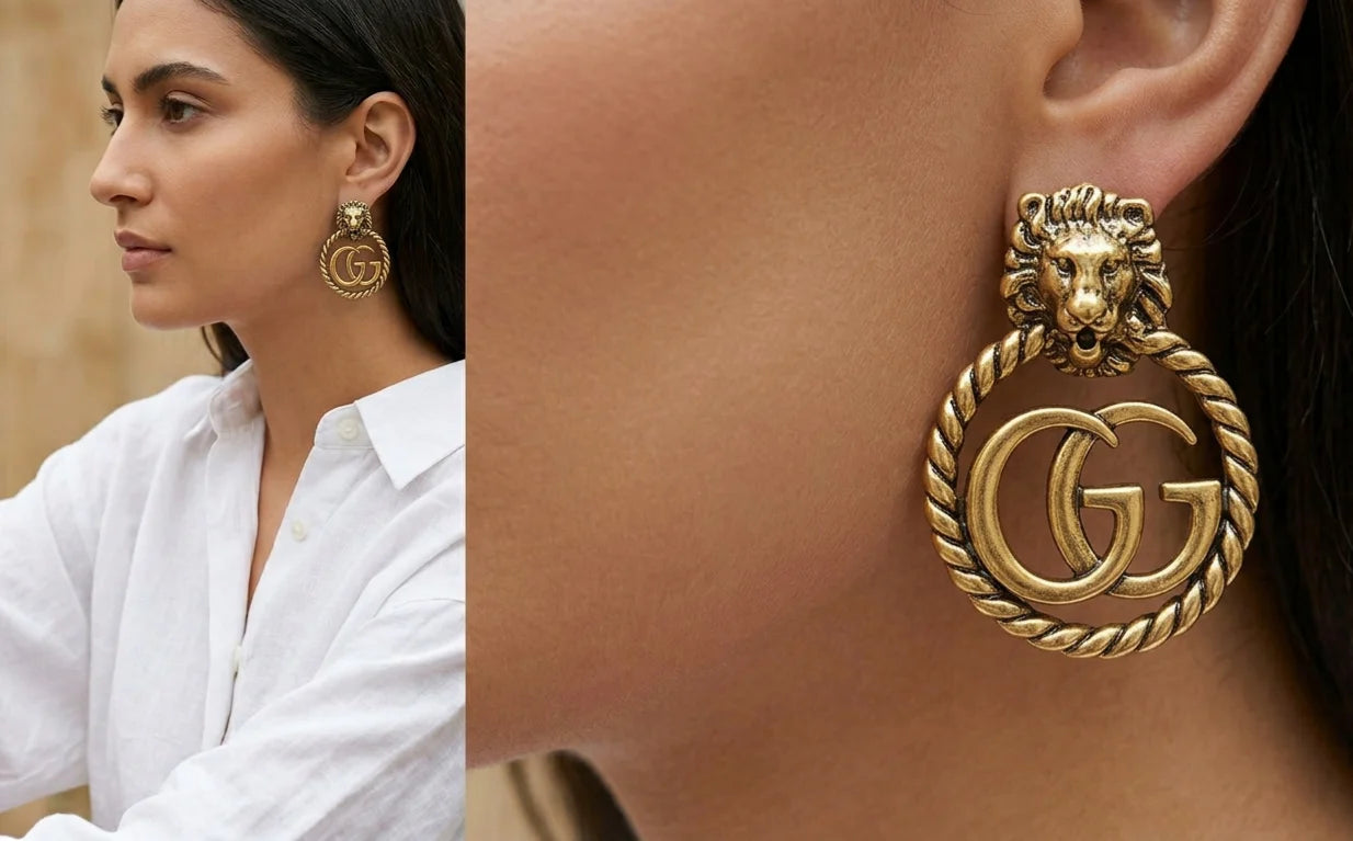 Antique Gold Plated Lion Head Double G round Earrings