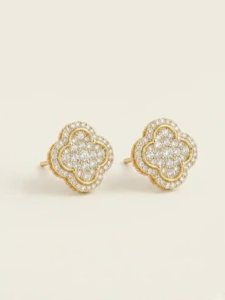 Gold Plated Pave CZ Clover Stud Earrings