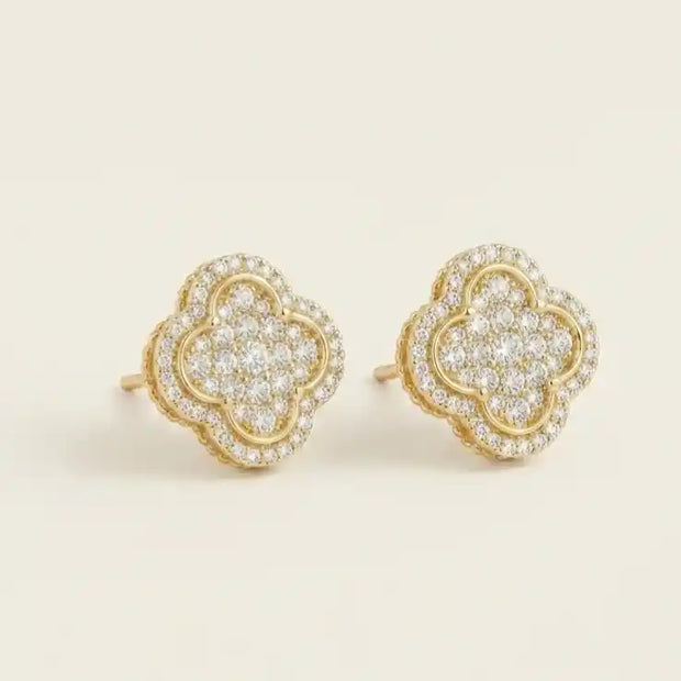 Gold Plated Pave CZ Clover Stud Earrings
