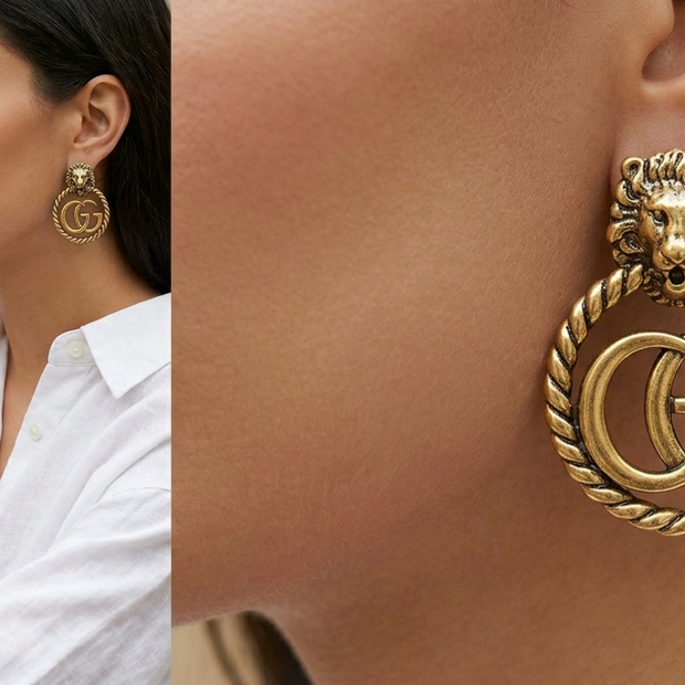 Antique Gold Plated Lion Head Double G round Earrings