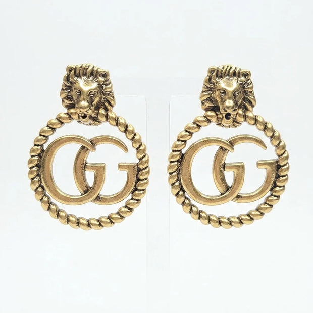 Antique Gold Plated Lion Head Double G round Earrings