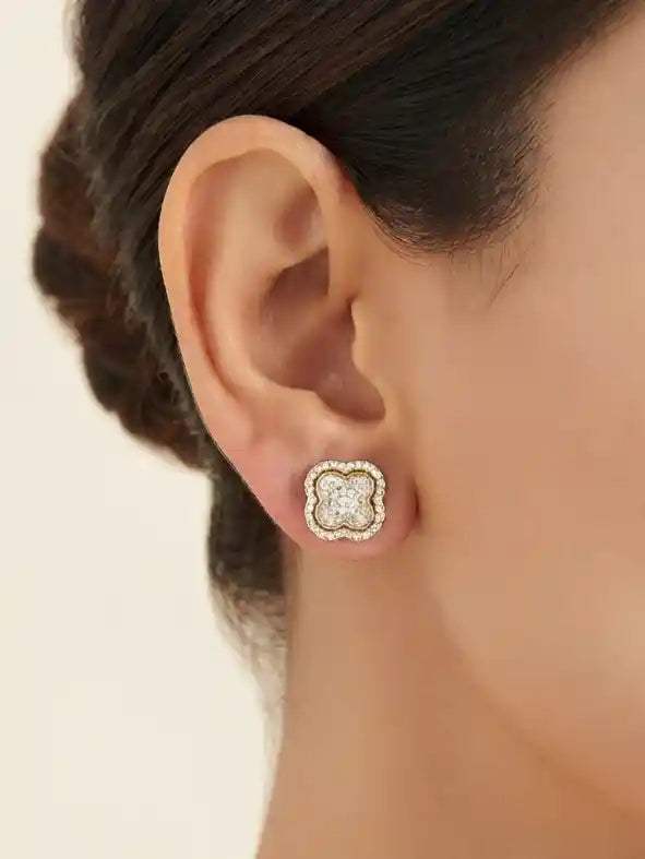 Gold Plated Pave CZ Clover Stud Earrings
