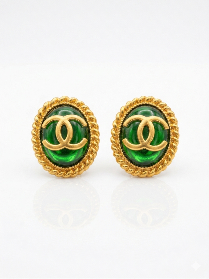 Matt Gold Plated Green Oval Double C Stud Earrings