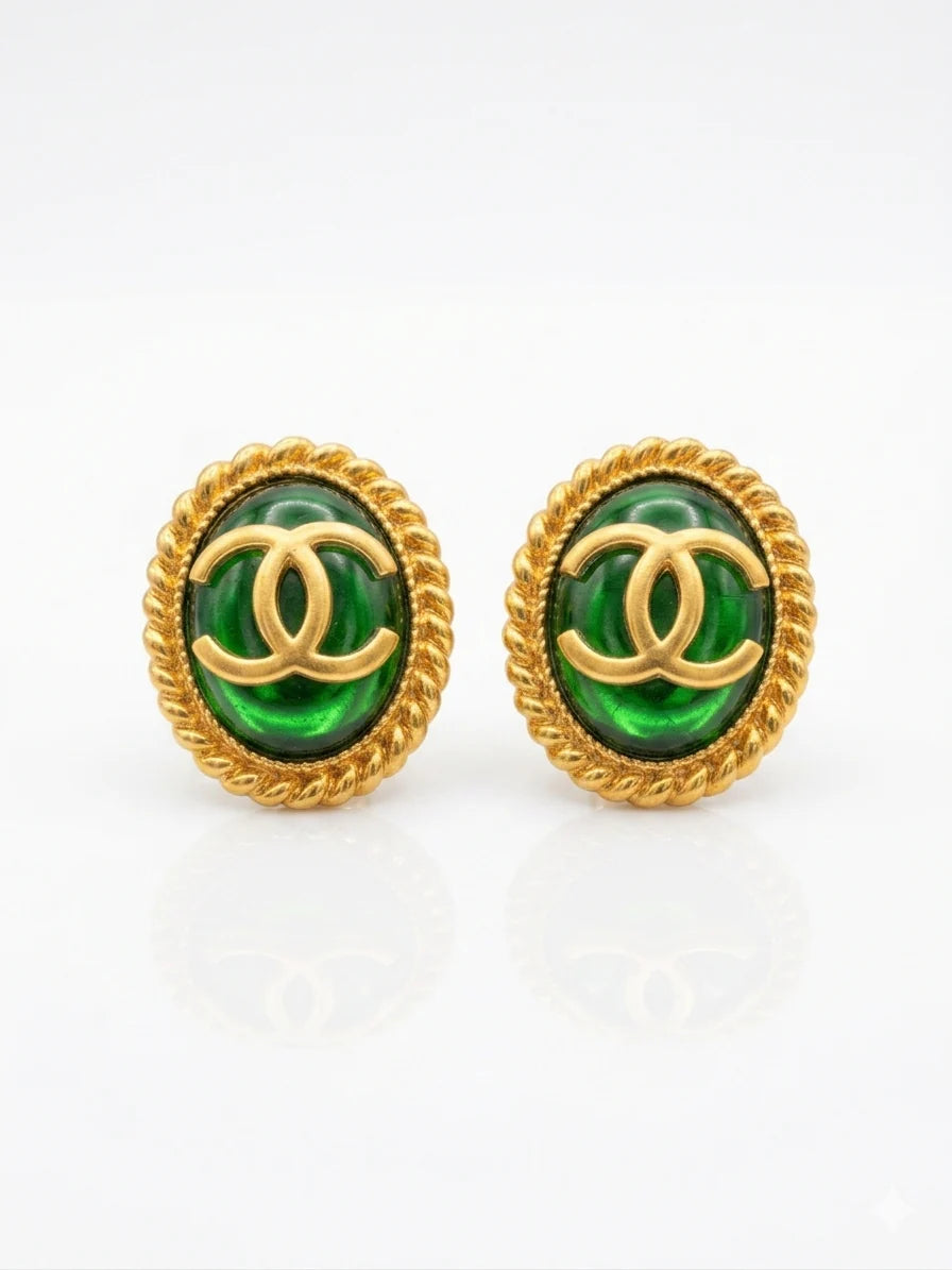 Matt Gold Plated Green Oval Double C Stud Earrings