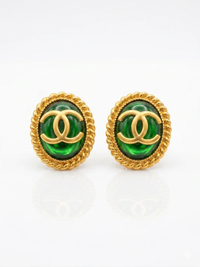 Matt Gold Plated Green Oval Double C Stud Earrings