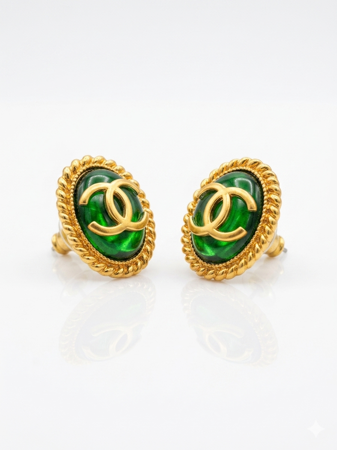 Matt Gold Plated Green Oval Double C Stud Earrings