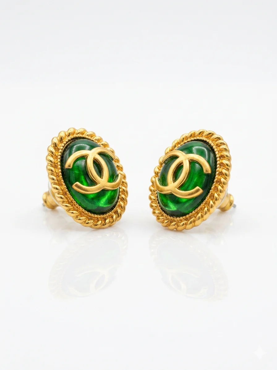 Matt Gold Plated Green Oval Double C Stud Earrings