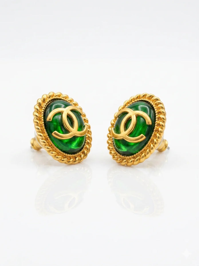 Matt Gold Plated Green Oval Double C Stud Earrings