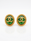 Matt Gold Plated Green Oval Double C Stud Earrings