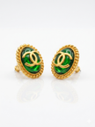 Matt Gold Plated Green Oval Double C Stud Earrings