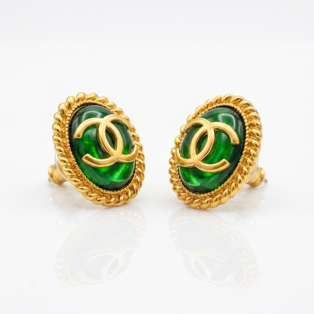 Matt Gold Plated Green Oval Double C Stud Earrings