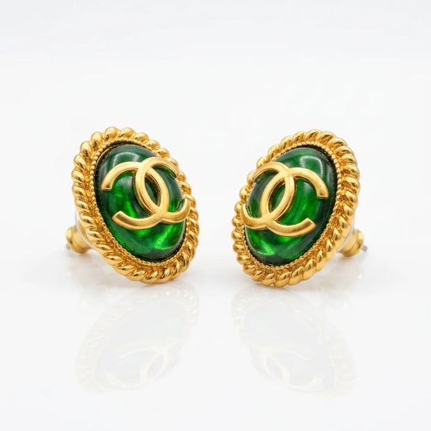 Matt Gold Plated Green Oval Double C Stud Earrings