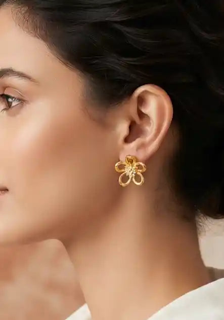 Gold Plated Open Petal Floral Stud Earrings with CZ Center