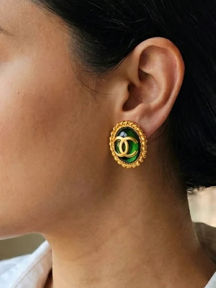 Matt Gold Plated Green Oval Double C Stud Earrings
