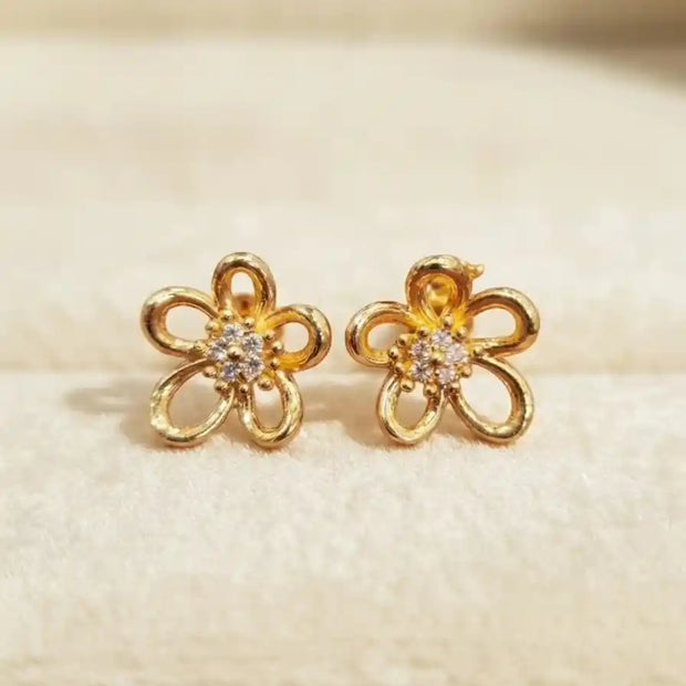 Gold Plated Open Petal Floral Stud Earrings with CZ Center