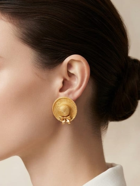 Gold Plated Textured Sun Hat Stud Earrings with Bow Detail