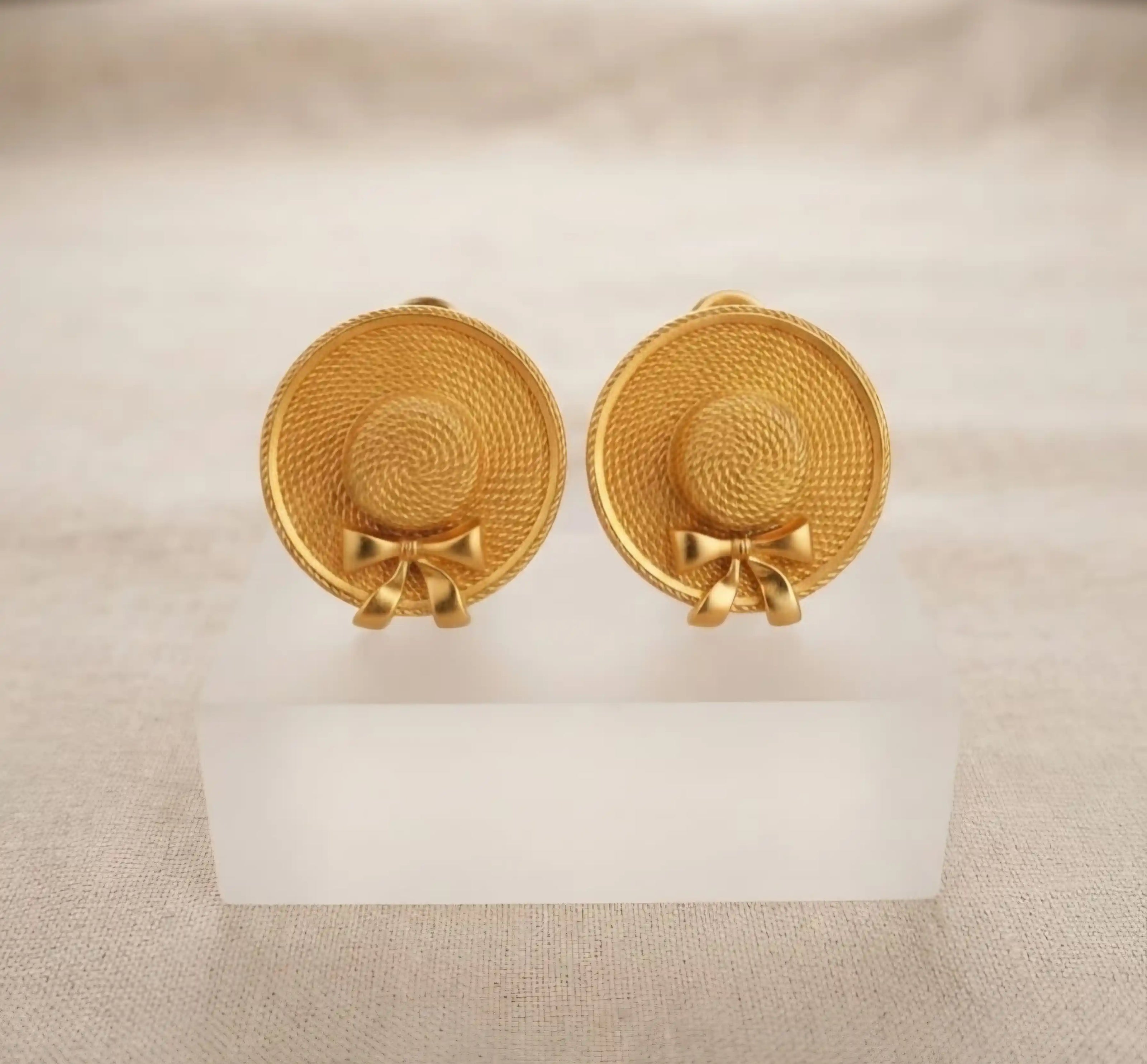 Gold Plated Textured Sun Hat Stud Earrings with Bow Detail