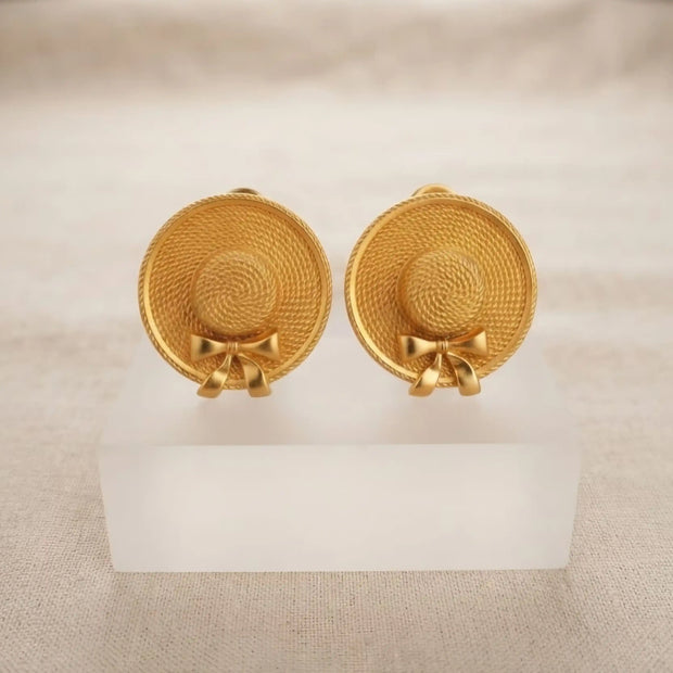 Gold Plated Textured Sun Hat Stud Earrings with Bow Detail