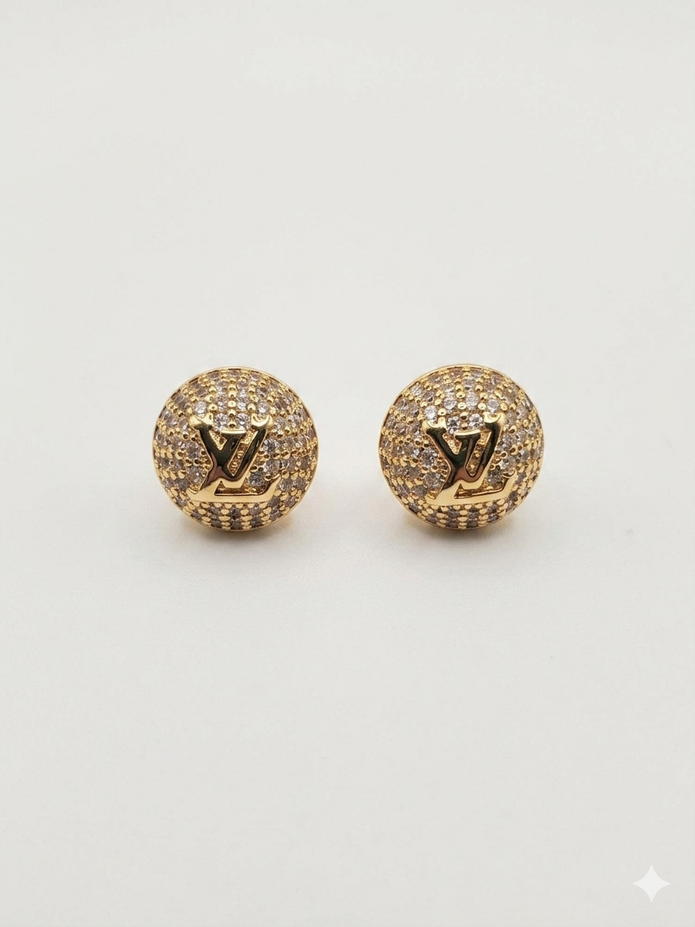 Alphabet L V Gold Plated CZ Round Stud Earrings