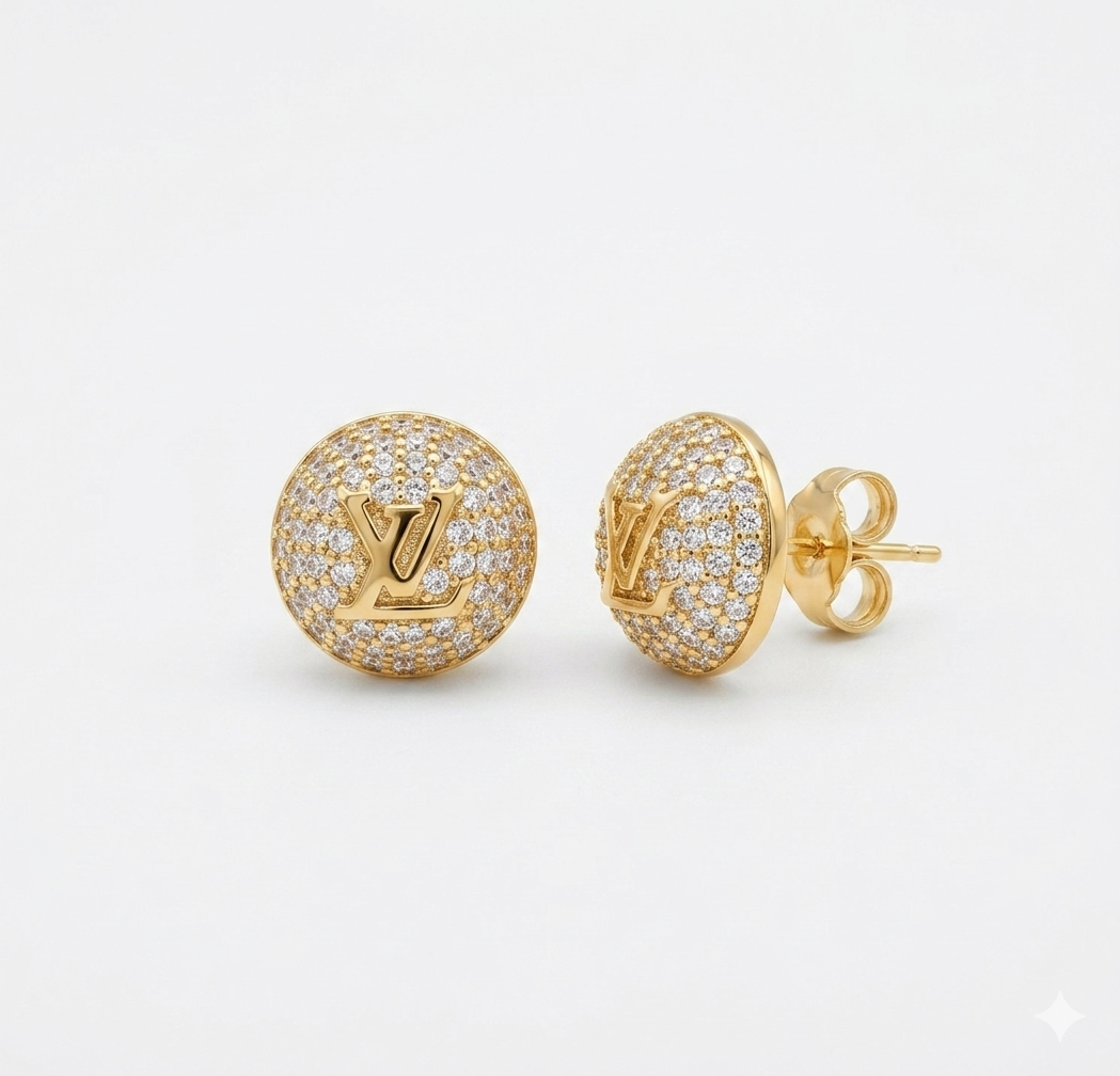 Alphabet L V Gold Plated CZ Round Stud Earrings