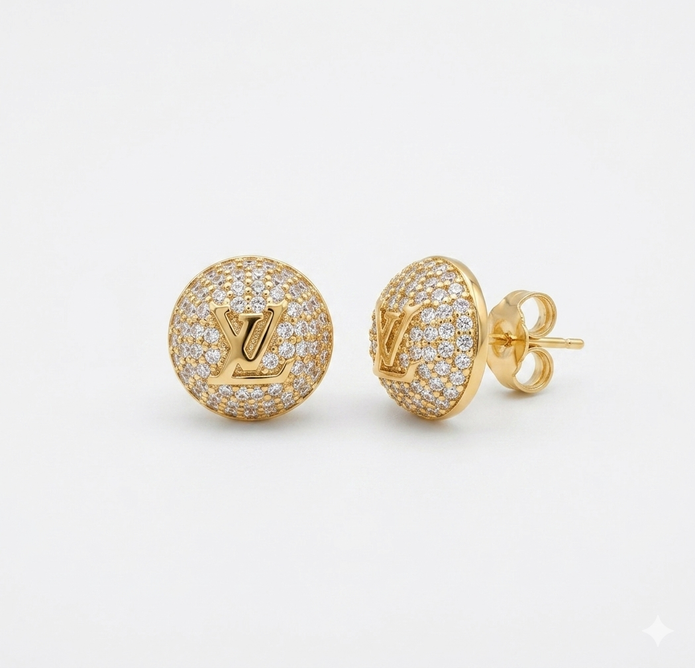 Alphabet L V Gold Plated CZ Round Stud Earrings