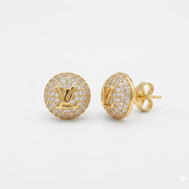 Alphabet L V Gold Plated CZ Round Stud Earrings