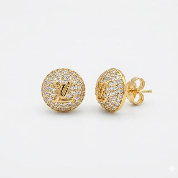 Alphabet L V Gold Plated CZ Round Stud Earrings