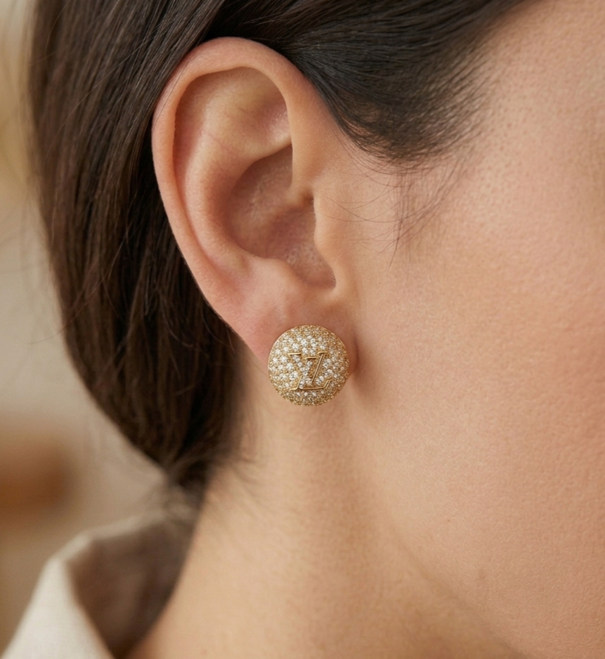 Alphabet L V Gold Plated CZ Round Stud Earrings