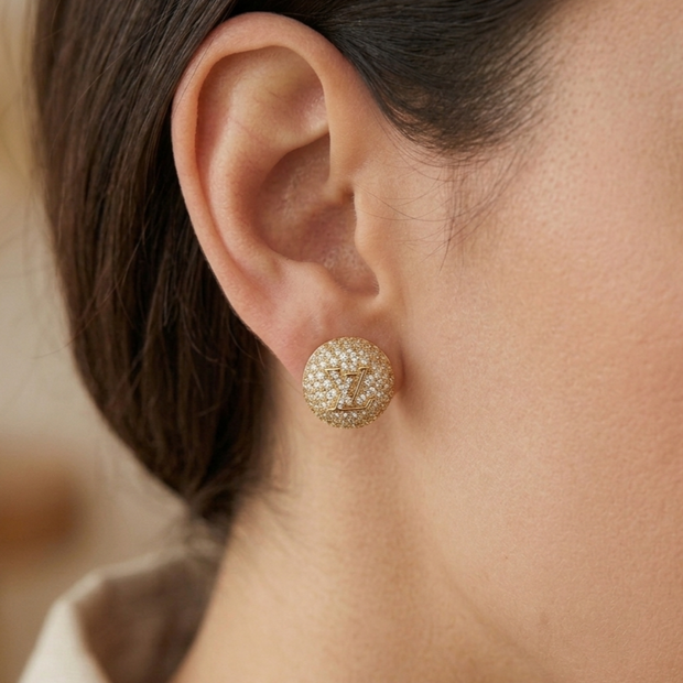 Alphabet L V Gold Plated CZ Round Stud Earrings