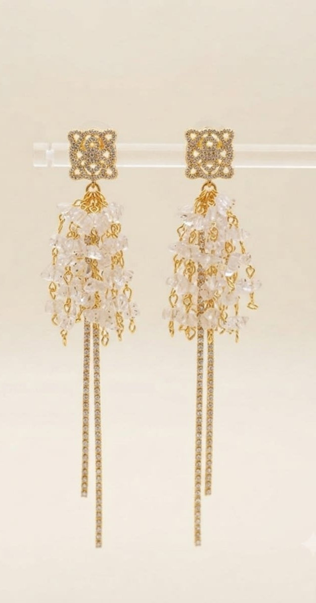 Gold Plated Pave CZ & Crystal Tassel Fringe Drop Earrings