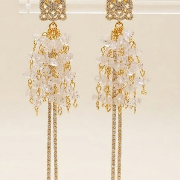 Gold Plated Pave CZ & Crystal Tassel Fringe Drop Earrings