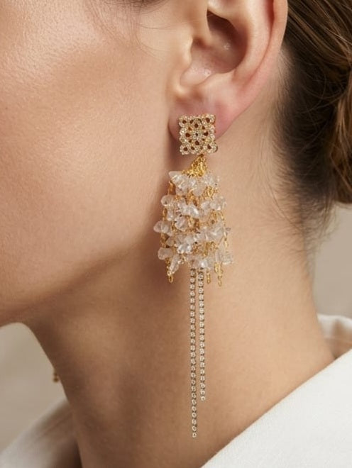 Gold Plated Pave CZ & Crystal Tassel Fringe Drop Earrings