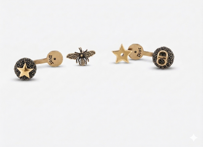 Antique Gold Plated CD Style Bee & Star Asymmetrical Drop Earrings with black diamond balls