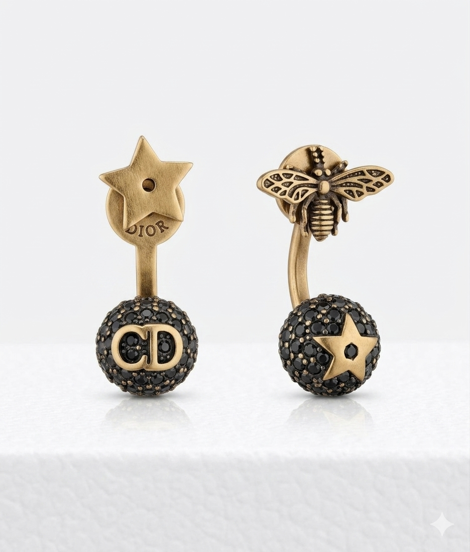 Antique Gold Plated CD Style Bee & Star Asymmetrical Drop Earrings with black diamond balls
