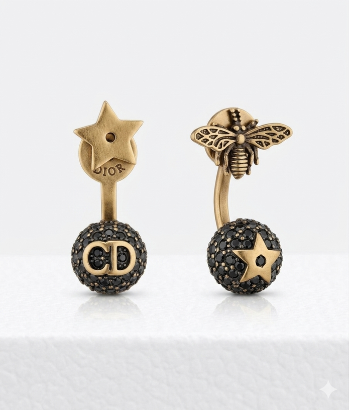 Antique Gold Plated CD Style Bee & Star Asymmetrical Drop Earrings with black diamond balls